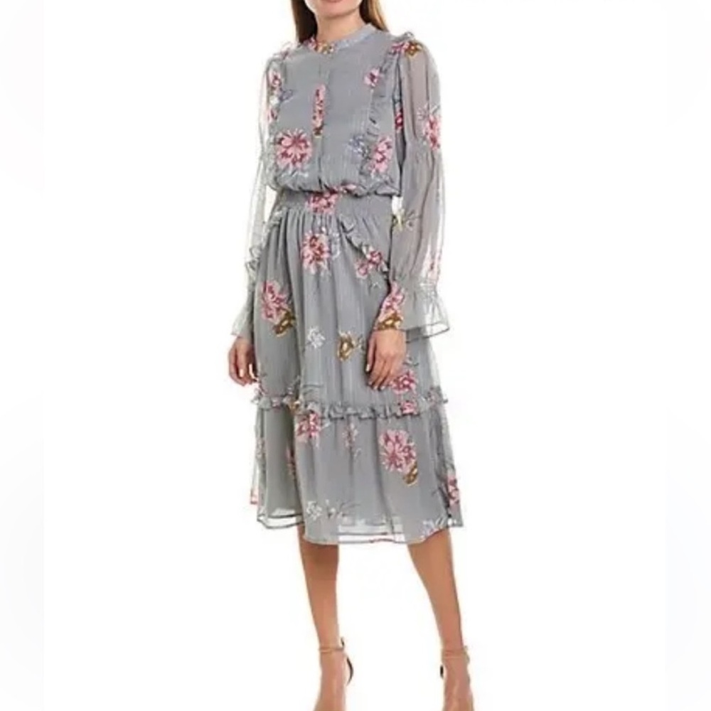 Walter Baker Grayce Midi Silver Ruffled Tiered Long Sleeve Dress
